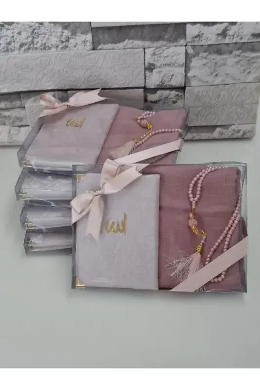 Gift Velvet Covered Yaseen Flamed Scarf Pearl Rosary Mevlid Set Bride Bundle Set 5 Pieces - 2