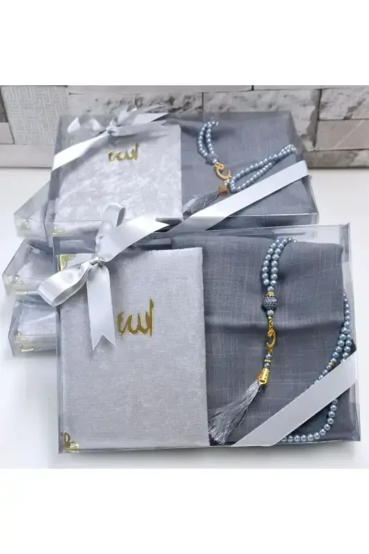 Gift Velvet Covered Yaseen Flamed Scarf Pearl Rosary Mevlid Set Bride Groom Dowry Set 5 Pcs-Gray - HIRA TASARIM