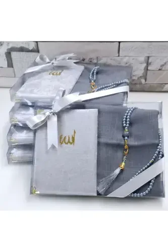 Gift Velvet Covered Yaseen Flamed Scarf Pearl Rosary Mevlid Set Bride Groom Dowry Set 5 Pcs-Gray - 2