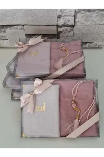 Gift Velvet Covered Yaseen Flammable Scarf Pearl Rosary Mevlid Set Bride Bundle Set 5 Pieces - 3