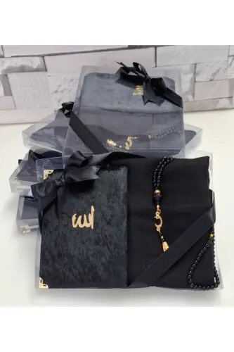Gift Velvet Covered Yaseen with Pennant Scarf Pearl Rosary Mawlid Set Groom Dowry Set 5 Pieces - black - HIRA TASARIM (1)