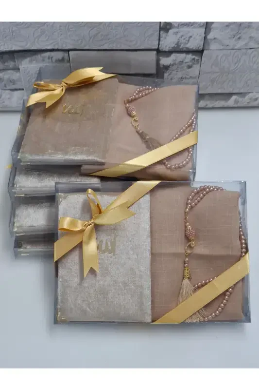 Gift Velvet Covered Yasin Flamed Scarf Pearl Rosary Mevlid Set Bride Groom Dowry Set 5 Pieces-gold, - 2