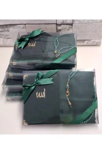 Gift Velvet Covered Yasin Flamed Scarf Pearl Rosary Mevlid Set Bride Groom Dowry Set 5 Pieces-green - HIRA TASARIM (1)