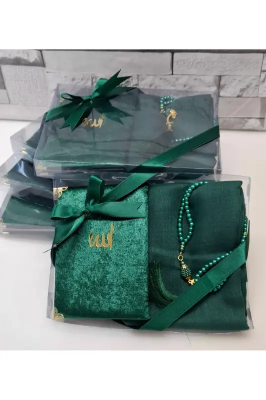 Gift Velvet Covered Yasin Flamed Scarf Pearl Rosary Mevlid Set Bride Groom Dowry Set 5 Pieces-green - 1