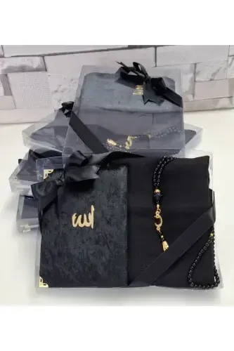 Gift Velvet Covered Yasin Flamed Scarf Pearl Rosary Mevlid Set Groom Dowry Set 5 Pieces-Black - HIRA TASARIM (1)