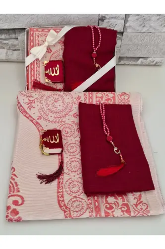 Giftlik Dowry Taffeta Prayer Rug Pearl Rosary Mini Quran And Flamed Scarf Bundle And Mawlid Set 1 Piece-Claret - 3