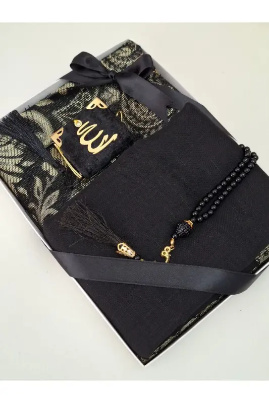 Giftlik Dowry Taffeta Prayer Rug Pearl Rosary Mini Quran And Flamed Scarf Bundle And Mevlid Set 1 Piece-Black - 2