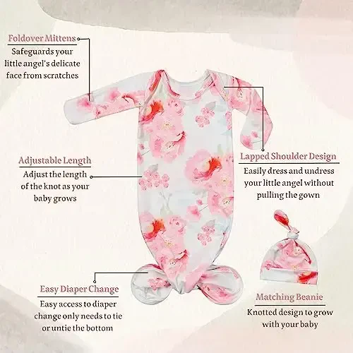Giggle Angel Newborn Baby Sleeper Gown Knotted Gown Nightgown Coming Home Outfits for Baby Girl 2-Piece Gown and Hat Set - 2