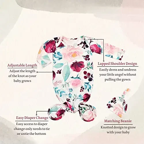 Giggle Angel Newborn Baby Sleeper Gown - Knotted Nightgown Coming Home Outfits for Baby Girl - 2-Piece Set With Hat - 2