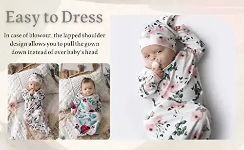 Giggle Angel Newborn Baby Sleeper Gown - Knotted Nightgown Coming Home Outfits for Baby Girl - 2-Piece Set With Hat - 4