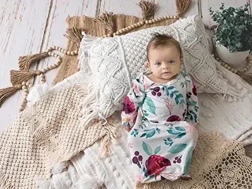 Giggle Angel Newborn Baby Sleeper Gown - Knotted Nightgown Coming Home Outfits for Baby Girl - 2-Piece Set With Hat - 7