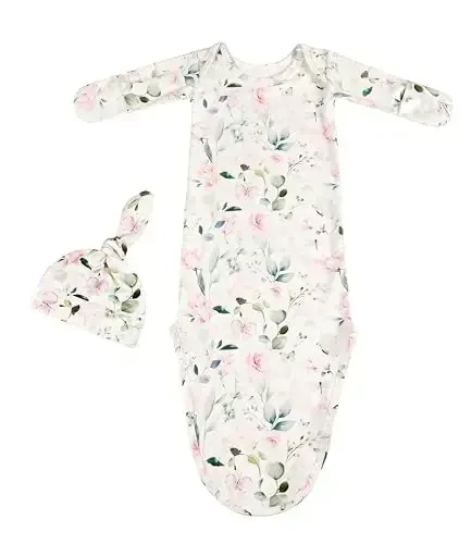 Giggle Angel Newborn Baby Sleeper Gown - Knotted Nightgown Coming Home Outfits for Baby Girl - 2-Piece Set With Hat - 7