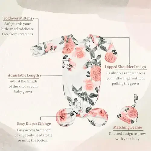 Giggle Angel Newborn Baby Sleeper Gown - Knotted Nightgown Coming Home Outfits for Baby Girl - 2-Piece Set With Hat - 2