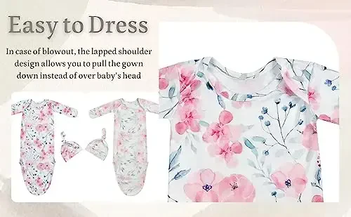 Giggle Angel Newborn Baby Sleeper Gown - Knotted Nightgown Coming Home Outfits for Baby Girl - 2-Piece Set With Hat - 2