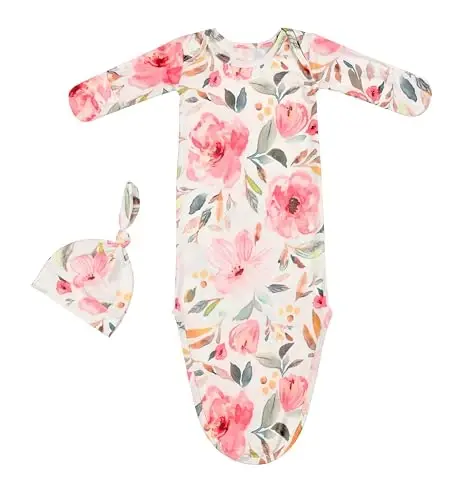 Giggle Angel Newborn Baby Sleeper Gown - Knotted Nightgown Coming Home Outfits for Baby Girl - 2-Piece Set With Hat - 7