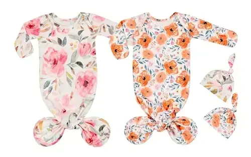 Giggle Angel Newborn Baby Sleeper Gown - Knotted Nightgown Coming Home Outfits for Baby Girl - 2-Piece Set With Hat - MODAZONE