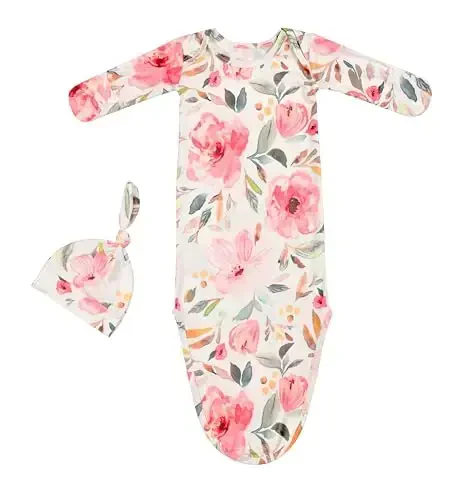 Giggle Angel Newborn Baby Sleeper Gown - Knotted Nightgown Coming Home Outfits for Baby Girl - 2-Piece Set With Hat - 7