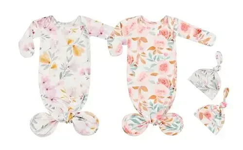 Giggle Angel Newborn Baby Sleeper Gown - Knotted Nightgown Coming Home Outfits for Baby Girl - 2-Piece Set With Hat - GIGGLE ANGEL