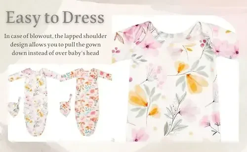 Giggle Angel Newborn Baby Sleeper Gown - Knotted Nightgown Coming Home Outfits for Baby Girl - 2-Piece Set With Hat - 3