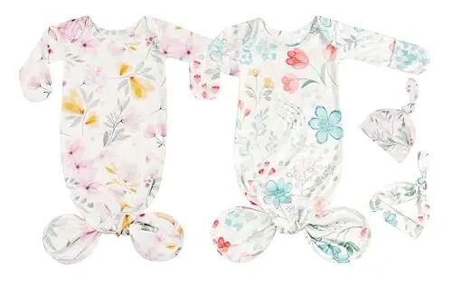 Giggle Angel Newborn Baby Sleeper Gown with Beanie 0-3 Months | 2 Packs, Floral, Knotted Nightgowns, Machine Wash, Coming Home Outfit - Giggle