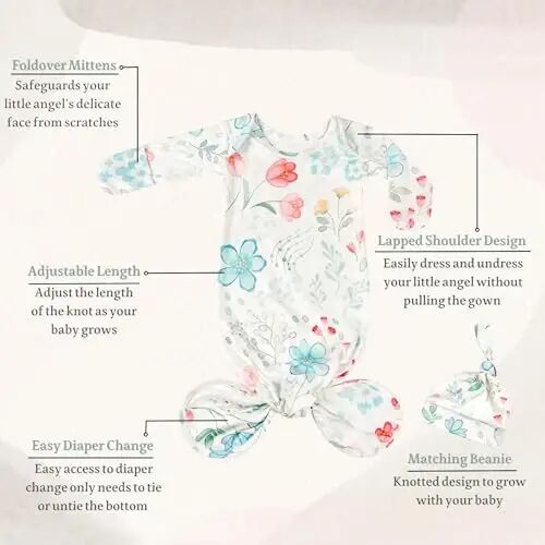 Giggle Angel Newborn Baby Sleeper Gown with Beanie 0-3 Months | 2 Packs, Floral, Knotted Nightgowns, Machine Wash, Coming Home Outfit - Giggle (1)