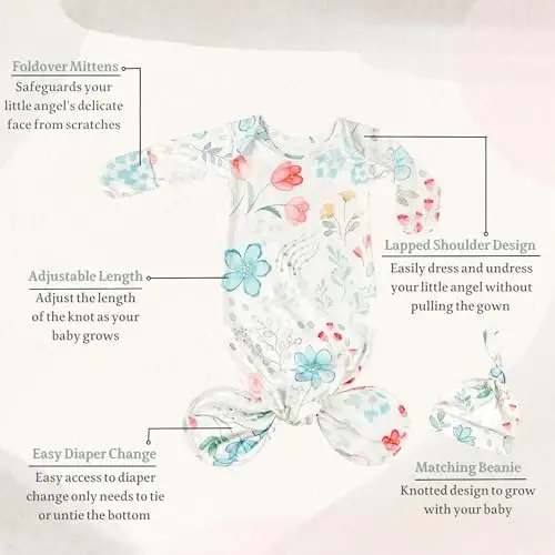 Giggle Angel Newborn Baby Sleeper Gown with Beanie 0-3 Months | 2 Packs, Floral, Knotted Nightgowns, Machine Wash, Coming Home Outfit - Giggle (1)