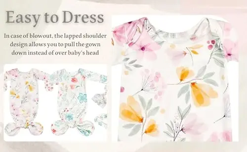 Giggle Angel Newborn Baby Sleeper Gown with Beanie 0-3 Months | 2 Packs, Floral, Knotted Nightgowns, Machine Wash, Coming Home Outfit - 3