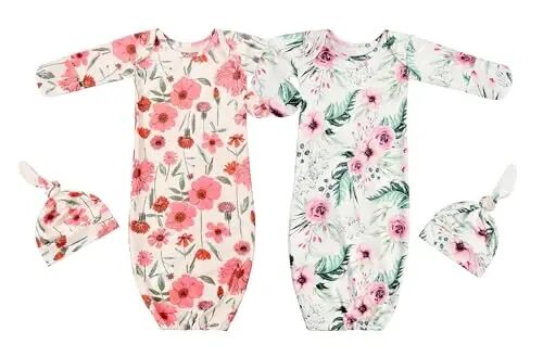 Giggle Angel Newborn Baby Sleeper Gown with Beanie 0-3 Months | 2 Pieces Set Floral Nightgowns for Baby Girls Coming Home Outfits Machine Washable - Giggle Angel