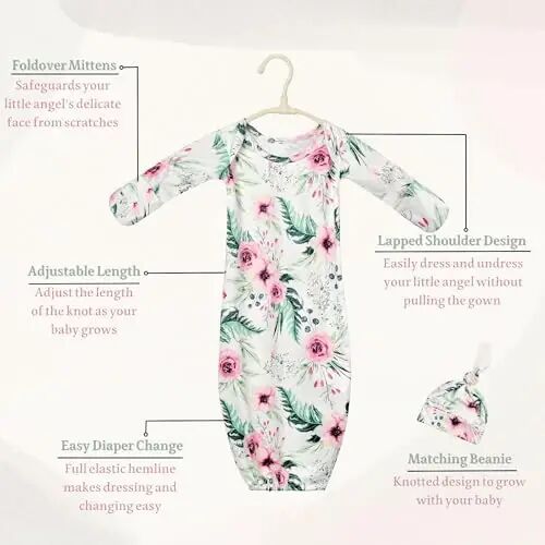 Giggle Angel Newborn Baby Sleeper Gown with Beanie 0-3 Months | 2 Pieces Set Floral Nightgowns for Baby Girls Coming Home Outfits Machine Washable - Giggle Angel (1)