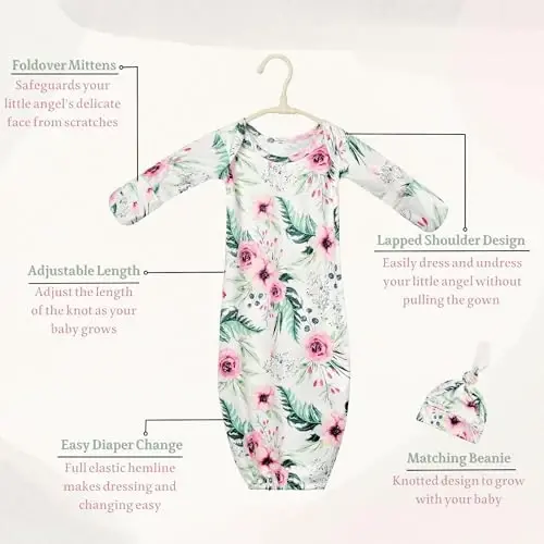 Giggle Angel Newborn Baby Sleeper Gown with Beanie 0-3 Months | 2 Pieces Set Floral Nightgowns for Baby Girls Coming Home Outfits Machine Washable - Giggle Angel (1)