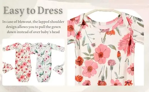 Giggle Angel Newborn Baby Sleeper Gown with Beanie 0-3 Months | 2 Pieces Set Floral Nightgowns for Baby Girls Coming Home Outfits Machine Washable - 3