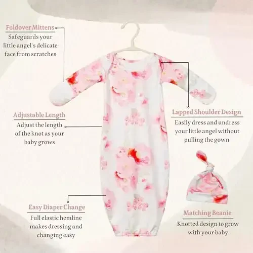 Giggle Angel Newborn Baby Sleeper Gown with Hat Knotted Gown Nightgown Coming Home Outfits for Baby Girl 2 Pieces Set - Modazone (1)