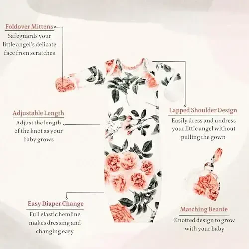 Giggle Angel Newborn Baby Sleeper Gown with Hat Knotted Gown Nightgown Coming Home Outfits for Baby Girl 2 Pieces Set - 2