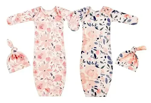 Giggle Angel Newborn Baby Sleeper Gown with Hat Knotted Gown Nightgown Coming Home Outfits for Baby Girl 2 Pieces Set - 1