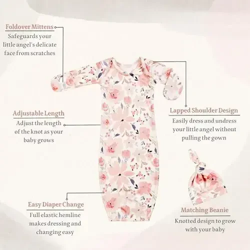 Giggle Angel Newborn Baby Sleeper Gown with Hat Knotted Gown Nightgown Coming Home Outfits for Baby Girl 2 Pieces Set - 2