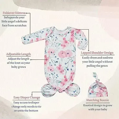 Giggle Angel yangi tug'ilgan chaqaloq uchun uyqu libosi - Tugunli tungi ko'ylak, chaqaloq qiz uchun uy kiyimi - Shlyapali 2 qismli to'plam - Modazone