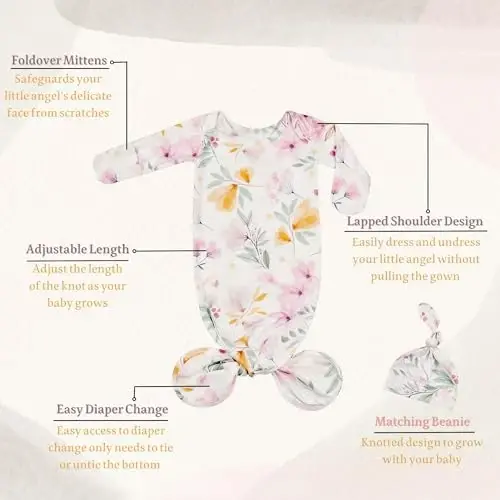 Giggle Angel Yangi tug'ilgan chaqaloq uchun uyqu libosi - Tugunli tunlik, chaqaloq qiz uchun uy kiyimlari - Shlyapa bilan 2 qismli to'plam - GIGGLE ANGEL (1)