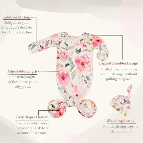 Giggle Angel Yangi tug'ilgan chaqaloqlar uchun uyqu libosi - Tugunli tunika, chaqaloq qiz uchun uyga kelish kiyimi - Shlyapali 2 qismli to'plam - MODAZONE (1)