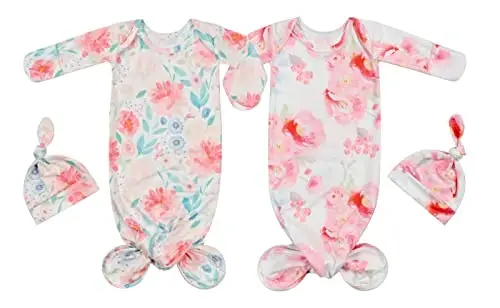 Giggle Angel Newborn Baby Sleeper Gown - Knotted Nightgown Coming Home Outfits for Baby Girl - 2-Piece Set With Hat - 1