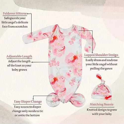 Giggle Angel Newborn Baby Sleeper Gown - Knotted Nightgown Coming Home Outfits for Baby Girl - 2-Piece Set With Hat - 2
