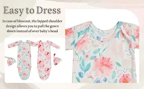 Giggle Angel Newborn Baby Sleeper Gown - Knotted Nightgown Coming Home Outfits for Baby Girl - 2-Piece Set With Hat - 5