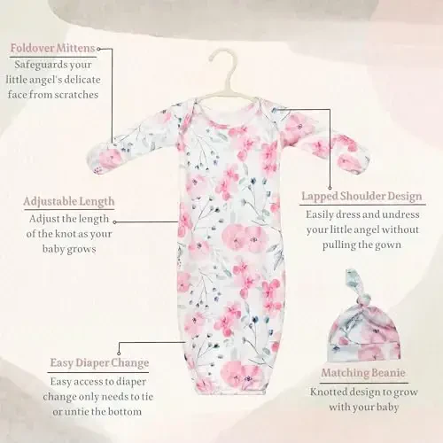 Giggle Angel Newborn Baby Sleeper Gown with Hat Knotted Gown Nightgown Coming Home Outfits for Baby Girl 2 Pieces Set 