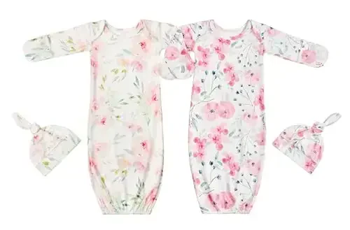 Giggle Angel Newborn Baby Sleeper Gown with Hat Knotted Gown Nightgown Coming Home Outfits for Baby Girl 2 Pieces Set - 5