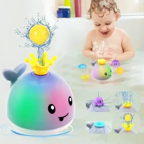 Gigilli Baby Bath O'yinchoqlari 4 rejimda, 1-3 yoshdagi bolalar uchun vannalar, 1 yoshli o'g'il-qiz sovg'alari Rojdestvo paypoqlari 6-12-18 oylik chaqaloqlar uchun, yorug'likli kit vanna o'yinchog'i kichkintoy tug'ilgan kuni vanna o'yinchog'i - GIGILLI
