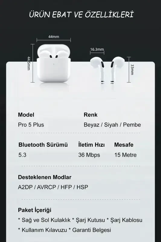 G'ilof sovg'asi bilan qora Pro 5 Plus Premium A sifatli Bluetooth 5.3 versiyasi Bluetooth quloqchinlari-qora - 1