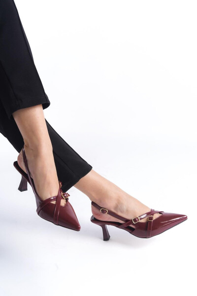 Gilos Qizil Bordo Lakli O'tkir Burunli To'qali Poshnali Poyafzal Stiletto - BAK STORE (1)