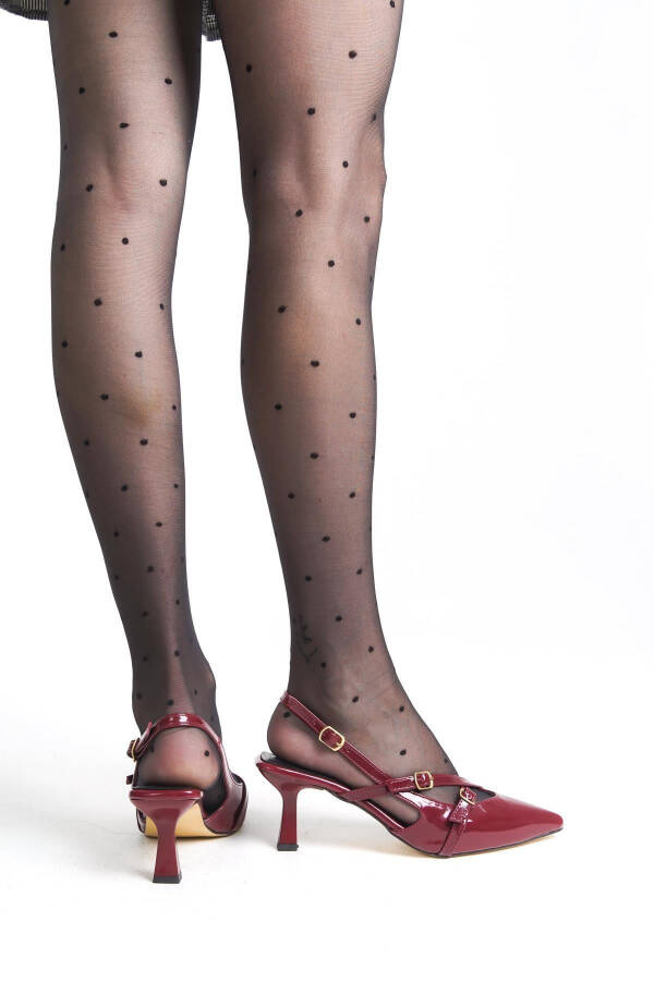 Gilos Qizil Bordo Lakli O'tkir Burunli To'qali Poshnali Poyafzal Stiletto - 5