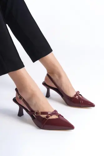 Gilos Qizil Bordo Lakli O'tkir Burunli To'qali Poshnali Poyafzal Stiletto 
