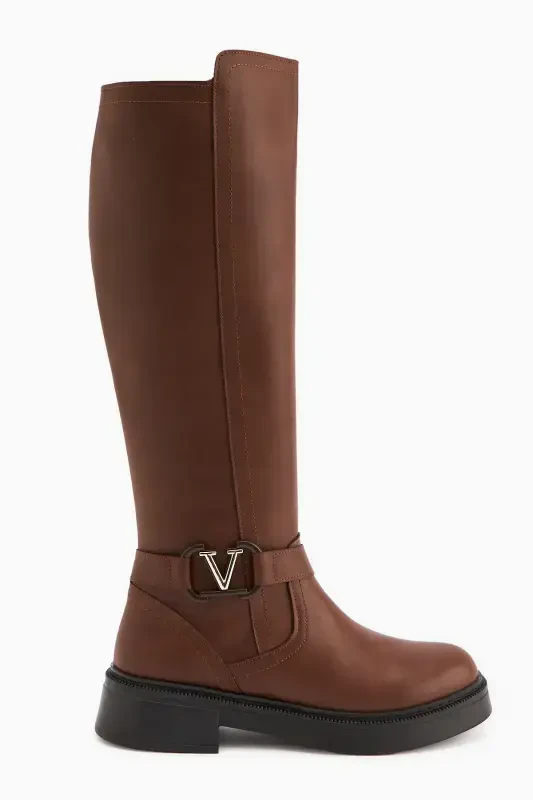 Ginan Taba Detailed Buckled Zippered Short Heel Women's Boot-Taba - LIMOYA