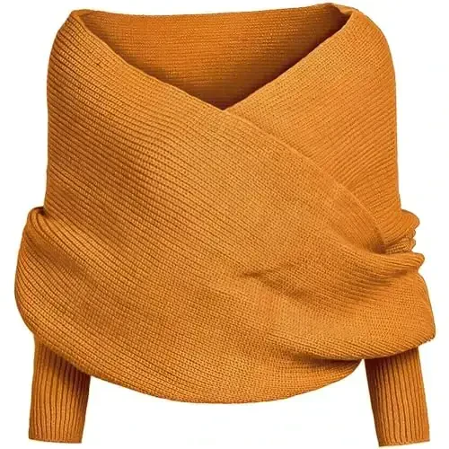 Ginger Autumn Winter Knitted Crochet Shawl Wrap with Sleeves, Warm Women's Scarf Top for Cold Weather - 4